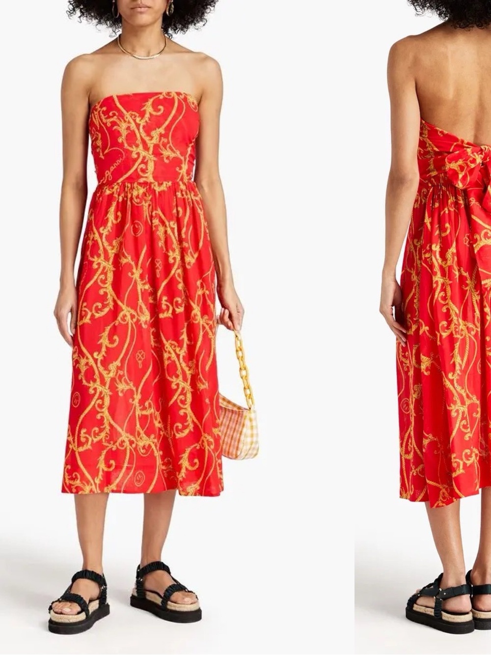 Ganni Strapless Red & Gold Print Midi Dress S